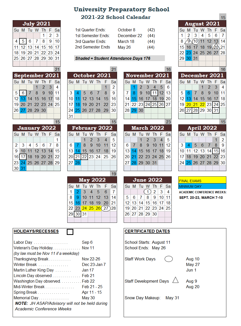 U-Prep 2021-22 Academic Calendar